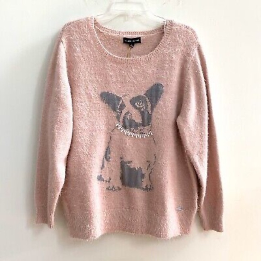Black Rivet Pink Fuzzy Crewneck Sweater with Dog Graphic